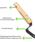 Root Lifter Weeding Tool For Lawn And Yard Hand Weeder With Angled Head For Easy Weed Removal And Deep Root Digging Stainless Rust Proof Steel Yard Tool For Tough Weeds featuring a wooden handle with hanging rope hole, reinforced nails, and black steel fork.