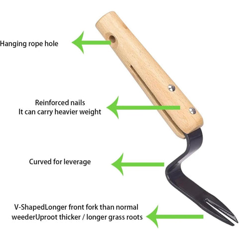 Root Lifter Weeding Tool For Lawn And Yard Hand Weeder With Angled Head For Easy Weed Removal And Deep Root Digging Stainless Rust Proof Steel Yard Tool For Tough Weeds featuring a wooden handle with hanging rope hole, reinforced nails, and black steel fork.
