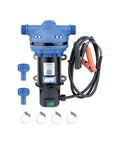 Heavy Duty 12 Volt Def Transfer Pump Handles 8 Gpm Antifreeze Or Washer Fluid No Sweat Compatible With Water Based Solutions Featuring Secure Hose Barb Connections For Easy Transfer with blue fittings.