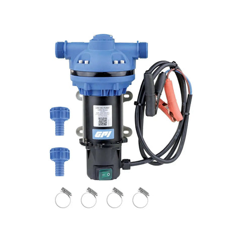 Heavy Duty 12 Volt Def Transfer Pump Handles 8 Gpm Antifreeze Or Washer Fluid No Sweat Compatible With Water Based Solutions Featuring Secure Hose Barb Connections For Easy Transfer with blue fittings.
