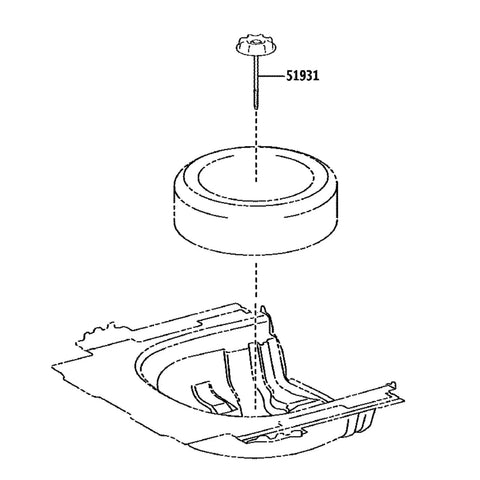 Diagram of Toyota Spare Wheel Carrier Bolt For Camry 2018 Through 2024 Corolla 2009 Through 2019 and tire placement.