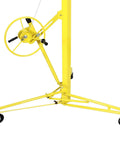 Side view of yellow Heavy Duty Drywall Lift Panel Hoist For 16Ft Ceilings And 19Ft Walls 150 Lbs Capacity Rollable with caster wheels.