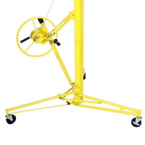 Side view of yellow Heavy Duty Drywall Lift Panel Hoist For 16Ft Ceilings And 19Ft Walls 150 Lbs Capacity Rollable with caster wheels.