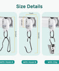 Ultra Quiet Ceiling Curtain Track Aluminum Rail White 6 To 9 Feet Heavy Duty With Sound Dampening Strips And Low Friction Pulleys For Smooth Drapery Operation size details with hook A, hook B and clip