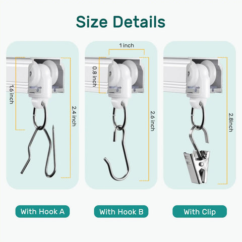 Ultra Quiet Ceiling Curtain Track Aluminum Rail White 6 To 9 Feet Heavy Duty With Sound Dampening Strips And Low Friction Pulleys For Smooth Drapery Operation size details with hook A, hook B and clip
