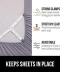 Patented Bed Sheet Holders With Adjustable Elastic Straps And Metal Clips That Stay Put And Keep Fitted Sheets Locked
