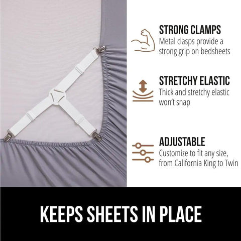 Patented Bed Sheet Holders With Adjustable Elastic Straps And Metal Clips That Stay Put And Keep Fitted Sheets Locked