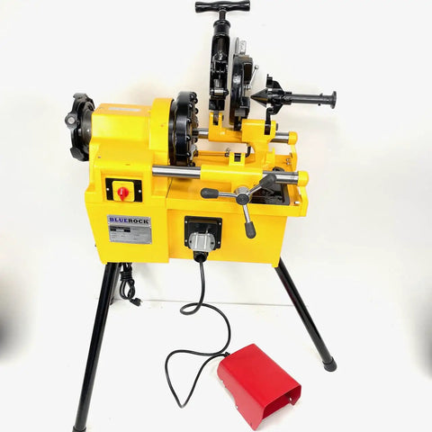 Bluerock Power PTM50-C Electric Motorized Pipe Threader Threading Machine With 750W Motor, yellow and black, cuts up to 2 inches.