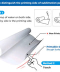 Instructions showing how to distinguish the printable side of 24 Inch Sublimation Paper Roll 164 Feet Fast Dry 95Gsm for Epson F570 Printers