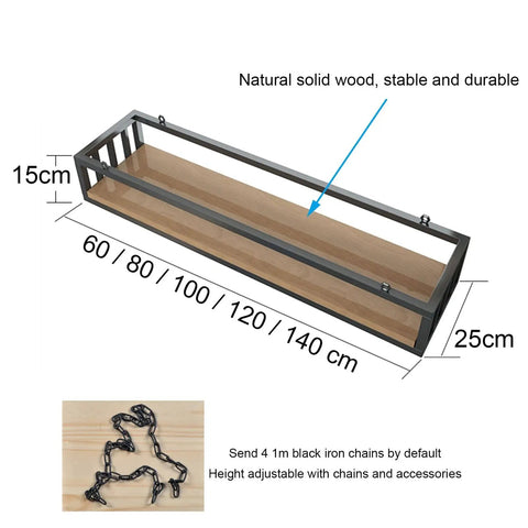 Diagram of Dope Industrial Wood And Iron Hanging Shelf Rack For Kitchen Plants Overhead Ceiling Storage with size options and chains