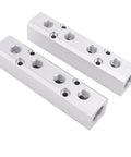 Beefy Aluminum Air Manifold For Four Way Six Port Pneumatic System With One Quarter Inch NPT Output And One Half Inch NPT Supply Heavy Duty Air Distribution Block For Industrial Automation, silver aluminum block