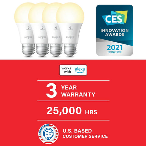 Alexa Compatible Smart Light Bulb With Easy Auto Pairing For Warm White Ambiance 800 Lumen LED 60W Equivalent Bluetooth Mesh Smart Home Lighting E26 Socket 1 Pack No Fuss Setup No Registration Required Works With Echo, 3-year warranty and CES 2021 Innovation Award