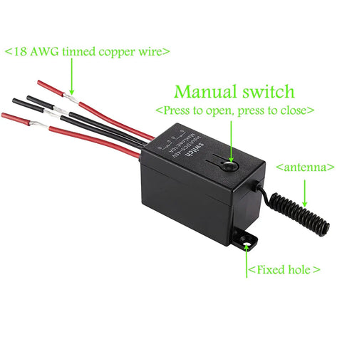 Beefy 12V Wireless Remote Control Relay Switch With 328 Foot Range showing wires, antenna, and manual switch in close-up view.
