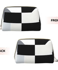 Hella Cool Black And White Piano Plate Grid Print Portable Makeup Bag For Women Offering Tough Waterproof PVC Finish Travel Toiletry Organizer And Brush Holder front and back view