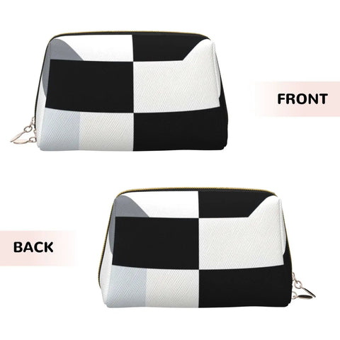 Hella Cool Black And White Piano Plate Grid Print Portable Makeup Bag For Women Offering Tough Waterproof PVC Finish Travel Toiletry Organizer And Brush Holder front and back view