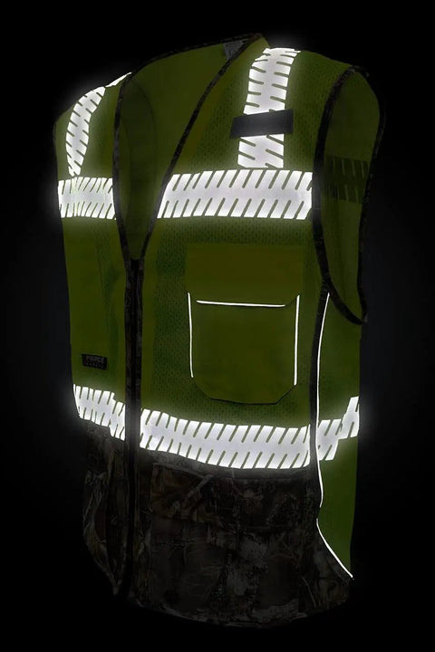 Kickass Class Two Surveyors Safety Vest Featuring Sleek Camo Lower Panel And Striking Reflective Taping Built From Zero Sweat Polyester Mesh For Daily Crew Grind Or Weekend Wild Hunt Ready Setup In Large, with reflective taping.