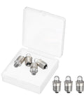 Four Pack E10 Miniature Screw Base Light Bulbs 3V 0.3A in a clear case, solid glass and metal replacement lamps for gadgets.