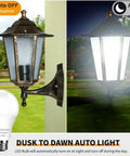 4 Pack Dusk To Dawn LED Bulbs 75W Equivalent 1100 Lumens 5000K Daylight Auto On Off next to outdoor lantern demonstrating light change