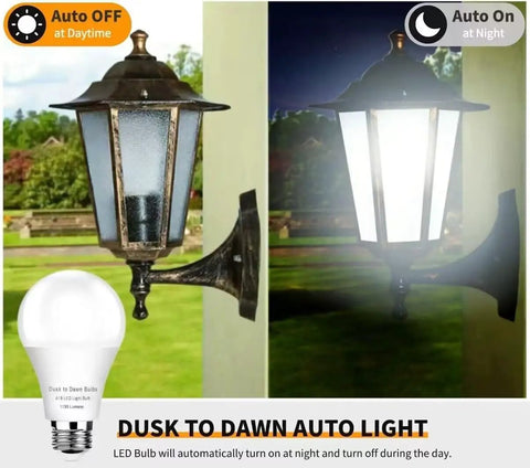 4 Pack Dusk To Dawn LED Bulbs 75W Equivalent 1100 Lumens 5000K Daylight Auto On Off next to outdoor lantern demonstrating light change