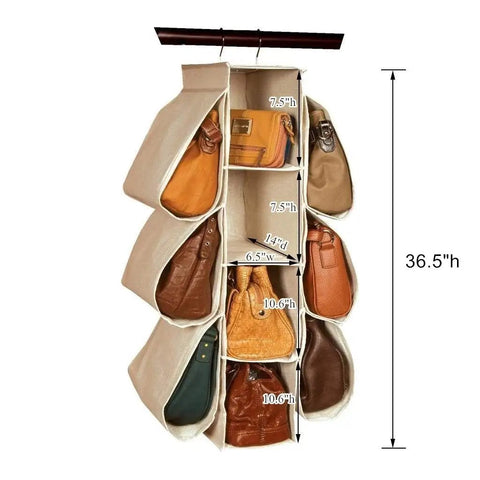 Hanging Purse Organizer With 10 Pockets Grab And Go Nonwoven Closet Storage Bag with handbags and purses, 36.5 inches high