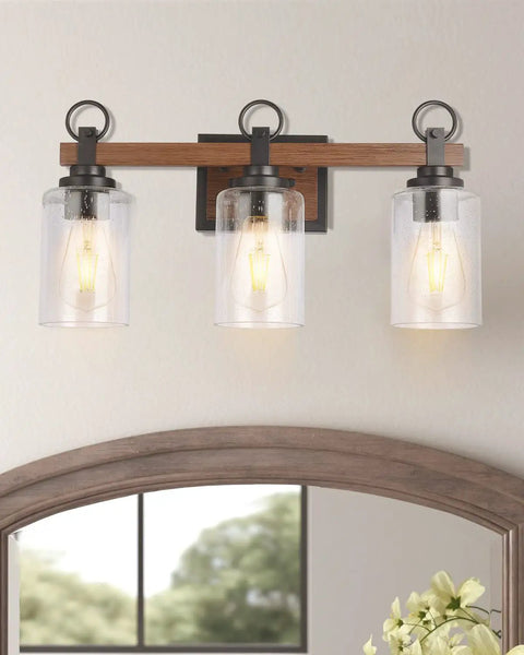 Farmhouse 3 Light Vanity Fixture With Seeded Glass Shades Black Rustic Wall Sconce for Bathroom Over Mirror