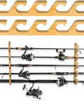 Solid wood fishing rod holder rack with arc design for garage wall or ceiling, holds five rods, easy one-hand access.