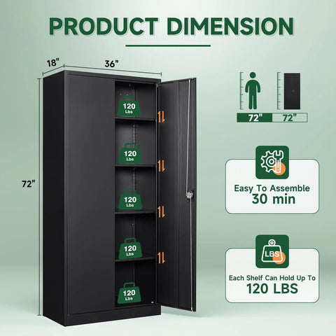Built Tough Heavy Duty Metal Garage Storage Cabinet With Locking Doors And Adjustable Shelves, Rugged Steel Tool Cabinet For Home, Office, And Workshop, Moisture Resistant, 72 Inch Tall, Black, 36x18 in