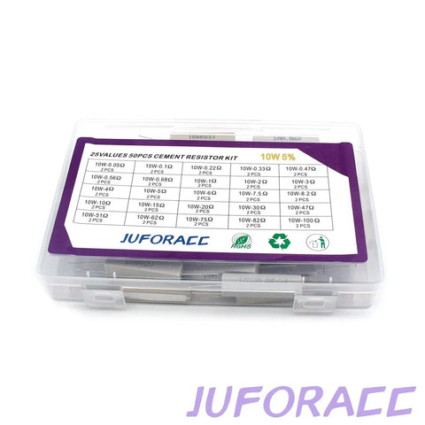 Close-up of Ceramic Cement Resistor Kit 10W, 50 Pieces, 0.05 To 100 Ohm in a labeled plastic case.
