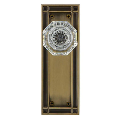 Mission Plate With Waldorf Crystal Knob For Dope Vintage Vibe Passage Door Hardware Set In Antique Brass, shown front view