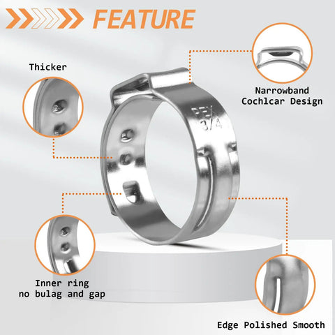 130 Piece Stainless Steel Single Ear Hose Clamps Pack For Three Quarter Inch PEX Tubing Fittings And Pipe Connections Detail View