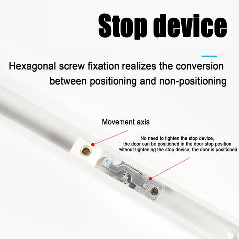 Heavy Duty Commercial Door Closer With Invisible Mount showing hexagonal screw and movement axis for stop device positioning.