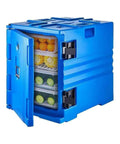 Insulated Food Pan Carrier With Wheeled Front Load Design For Catering And Delivery, blue cabinet open showing food