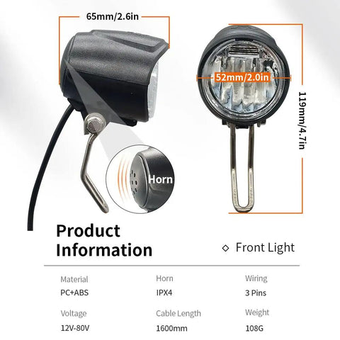 All In One Ebike Front Headlight And Tail Light With Built In Horn Switch Cable Kit Waterproof IPX4 12V To 80V Compatible