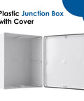 Heavy Duty Waterproof Junction Box With Pre Punched Cutouts For Outdoor Wiring Hassle Free Setup Plastic Electrical Enclosure No Sweat Weather Guard For Shed Or Garage Upgrades, showing inside and cover.