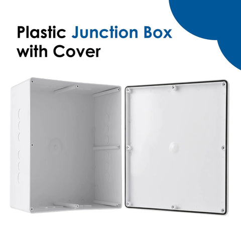 Heavy Duty Waterproof Junction Box With Pre Punched Cutouts For Outdoor Wiring Hassle Free Setup Plastic Electrical Enclosure No Sweat Weather Guard For Shed Or Garage Upgrades, showing inside and cover.