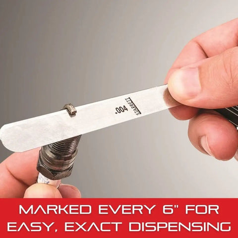 Using Stainless Steel Thickness Gauge and Feeler Stock Rolls With Dispenser Case Built for Carpenters 25 Feet By Half Inch 0.002 Inch Thickness Model 666S-2 marked for precision.