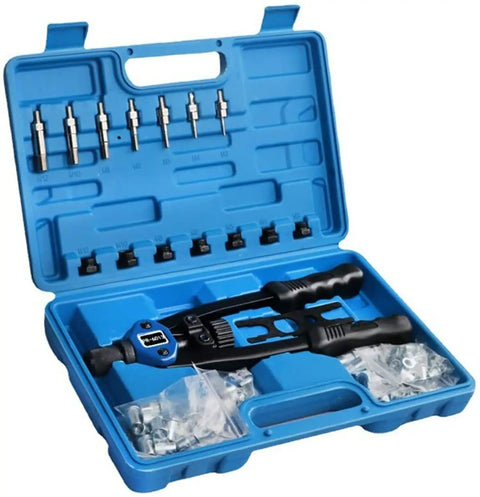 Rivet Nut Tool Kit Hand Riveter Set with 110 Pcs M3 M12 Nuts and 7 Metric and Inch Mandrels in blue carrying case