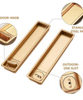 Privacy Handle With Hidden Pull And Recessed Latch For Thick Wooden Doors, Rectangular Gold Finish, Zinc Alloy with electroplated surface