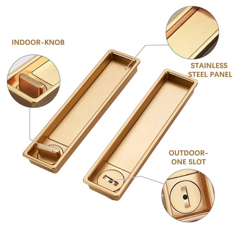 Privacy Handle With Hidden Pull And Recessed Latch For Thick Wooden Doors, Rectangular Gold Finish, Zinc Alloy with electroplated surface