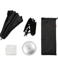Multi Functional 48cm Umbrella Style Softbox components laid out, including silver disc and black storage bag, for quick setup.