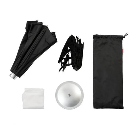 Multi Functional 48cm Umbrella Style Softbox components laid out, including silver disc and black storage bag, for quick setup.