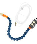 Front view of QWORK mist coolant spray system for CNC, with blue segmented hose, clear tubing, and control block.