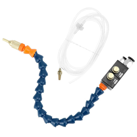 Front view of QWORK mist coolant spray system for CNC, with blue segmented hose, clear tubing, and control block.