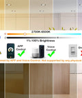 Smart WiFi 6 Inch RGB LED Recessed Lights, color changing dimming options, kitchen setting, APP and voice control icons