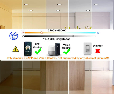Smart WiFi 6 Inch RGB LED Recessed Lights, color changing dimming options, kitchen setting, APP and voice control icons