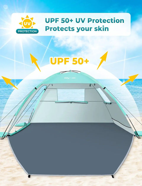 Beach Day Ready Sun Shelter For Three People With UPF Fifty Plus UV Protection Lightweight Easy Setup Shade Canopy on beach