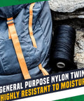 Tarred Nylon Bank Line Twine For Bushcraft And Outdoor Projects, Weatherproof Black Lacing Cord beside backpack