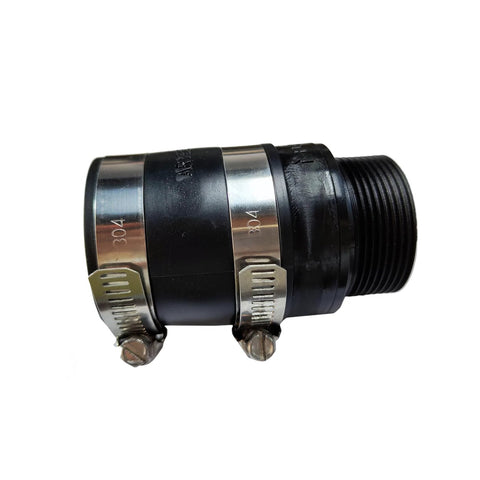 Inline check valve, black plastic body with metal hose clamps and threaded end (side view).