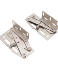 Two plated steel cupboard hinges for kitchen cabinets and vanities, 45 degree down flip scissor spring, fits 35mm cup holes.