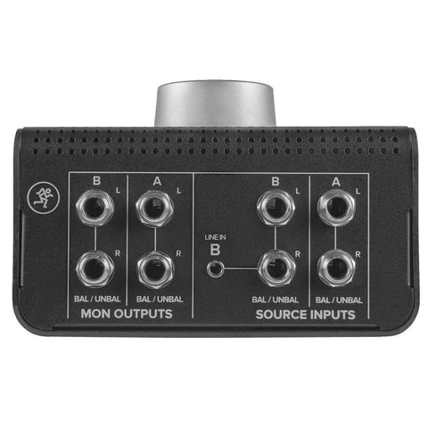 Back panel of Big Knob Passive 2x2 Studio Monitor Controller with mono outputs and source inputs visible, sturdy build.
